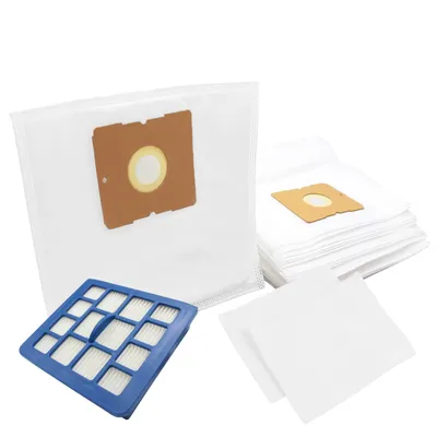 A collection of vacuum cleaner bags and a filter.