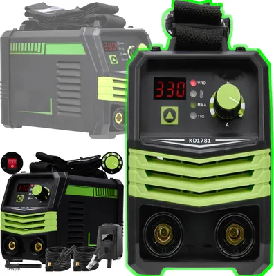 A collage of images showing a welding machine and its accessories.