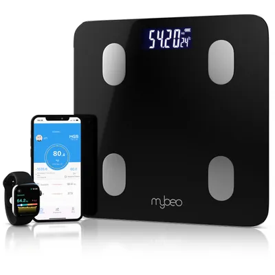 Obrázek produktu pro Osobní váha MyBeo, digitální váha tělesného tuku s aplikací, Bluetooth, do 180 kg, BIA analýza, 6 mm sklo, hmotnost, BMI, procento tuku, svalová hmota, OKOK International