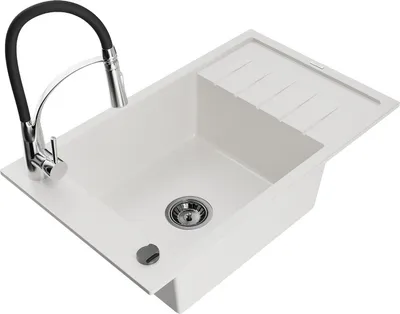Produktbild von Mexen Elias 1 Becken-Granitspüle mit Abtropffläche und Mischbatterie Aster, Weiß - 6511-20-73450-07-B