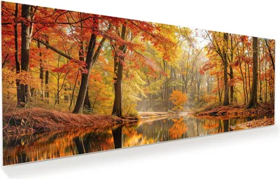 Produktbild von Glasbild 125x50cm in XXL für Wohnzimmer, Schlafzimmer Motiv Herbstwald am See