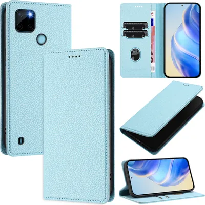 Produktbild von Litchi Leder Handyhülle für Realme C21Y Wallet Kartenfächer Standfunktion Hülle Hellblau