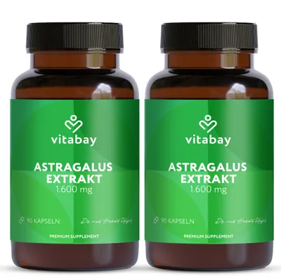 Produktbild von Vitabay Astragalus Kapseln Hochdosiert 10.000mg - 180 Vegane Kapseln Astragalus Extrakt aus der Wurzel - Tragantwurzel Membranaceus mit 20% Polysaccharide - Labor