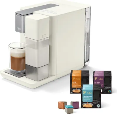 Produktbild von Tchibo Qbo MILK MASTER Premium Kapselmaschine inkl. 24 recyclebare Qbo Kapseln für Cappuccino, Espresso, Caffè Crema, Milchschaum auf Knopfdruck mit abnehmbarem Milchtank 300ml, White Cashmere