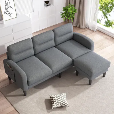 Produktbild von MODFU 3-Sitzer Ecksofa,L-förmiges Sofa mit Chaiselongue und 10 Stützfüße,Modulares Loungesofa mit Vliesstoffbezug,Grau