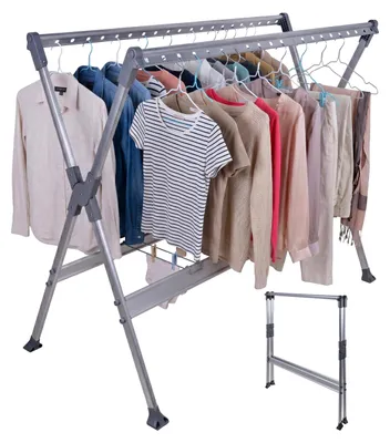 Obrázek produktu pro Sušák na prádlo Relaxdays, výsuvný, skládací, V x Š x H: 126,5 x 150–250 x 76 cm, na ramínka, sušák na prádlo, stříbrný