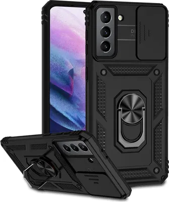 Image de Etui pour Samsung Galaxy S21 FE 5G étui double couche avec couvercle coulissant pour appareil photo et anneau de support noir