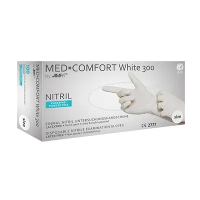 Produktbild von MED-COMFORT WHITE 300, Nitril-Untersuchungshandschuh, puderfrei, weiß, Gr. S | Box (100 Stück)