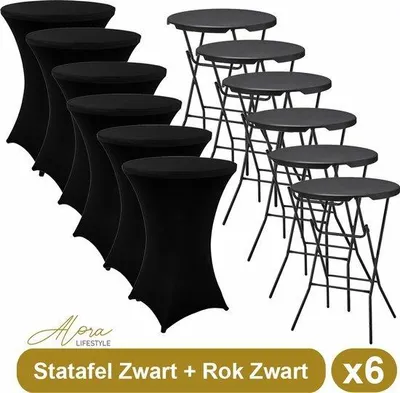 Image de 6x Table haute noire + Housse de table haute noire x 6 - Ø80 cm x 110 cm de haut