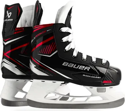A pair of black and red Bauer ice skates with white laces, shown from a side view.