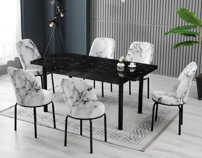 Obrázek produktu pro Jídelní sety, jídelní stoly, židle, černá a bílá barva, obdélníkový tvar, moderní design