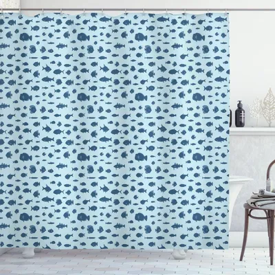 Immagine prodotto di ABAKUHAUS Tenda da doccia con motivo ittico, grafica ispirata alla vita sottomarina con pesci acquario nuotanti in blu, 175 x 240 cm, blu notte e azzurro