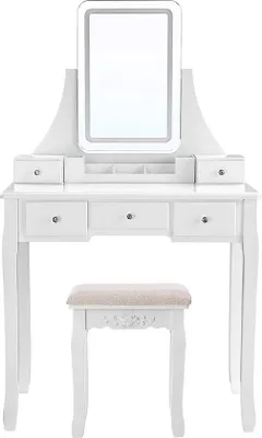 Produktbild von Kaptafel mit LED-Beleuchtung, 5 Schubladen, Sitzhocker, Weiß, 80x40x137cm