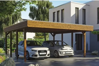 Produktbild von Doppelcarport SKAN HOLZ Friesland inkl. Aluminium-Dachplatten und H-Pfostenanker 557 x 555 cm nussbaum