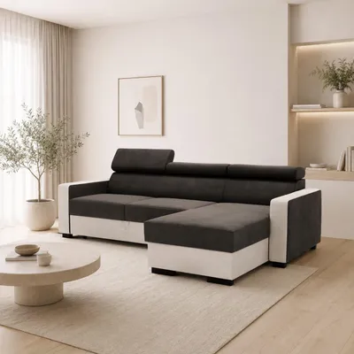 Produktbild von GOLDSTOFF DIWIA Ecksofa 202 x 130 cm mit Schlaffunktion & Bettkasten – Schlafsofa L-Form mit Kopfstützen Stauraum (schwarz+schwarz)