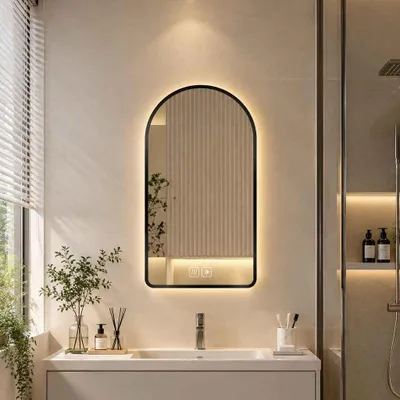 Imagen del producto de Espejo de baño LED Zimilo, forma arqueada, 60x40 cm, con iluminación: Espejo con luz regulable, función antiniebla, 3 tonos de luz, espejo de pared IP44