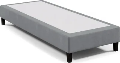 A grey box spring frame with dark legs on a white background.