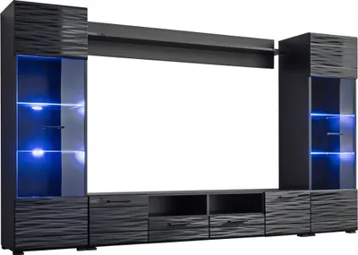 Produktbild von Wohnwand MODIC Anbauwand Wohnzimmer - Set Vitrine Lowboard schwarz Hochglanz mit LED Beleuchtung 260 cm