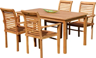 Produktbild von ALEOS. echt Teak Set Gartengarnitur Gartentisch 150x80 cm mit 4x Stapelsuhl Sessel stapelbar Holz Serie Alpen