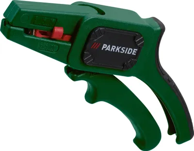 A green wire stripper tool with a black and red logo.