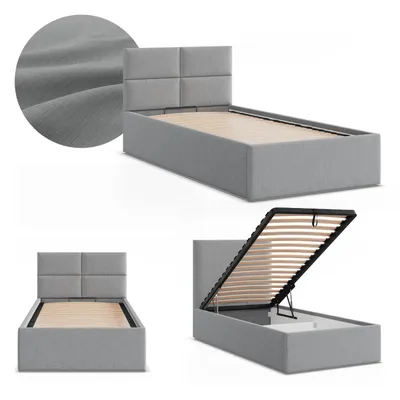 Produktbild von Einzelbett 90x200 Polsterbett BORGO mit Bettkasten, hochklappbarer Lattenrost, Stauraum, Grau Geflecht