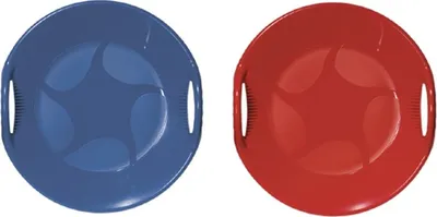 Two round sleds, one blue and one red, are shown side-by-side against a white background.