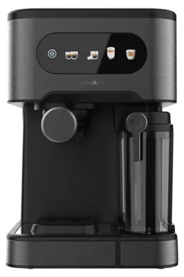 A front view of a black and gray automatic espresso machine.