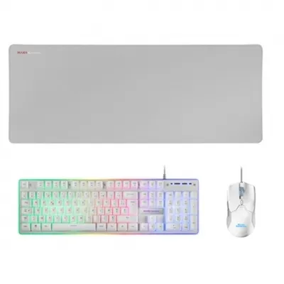A gaming keyboard, mouse, and mousepad are displayed against a white background.