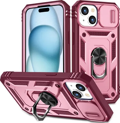 Produktbild von iPhone 15 Hülle, Schiebe Kamera Schutz Robust Schutzhülle mit Ringhalterung Ständer Kartenhalter für iPhone 15 Rot Pink