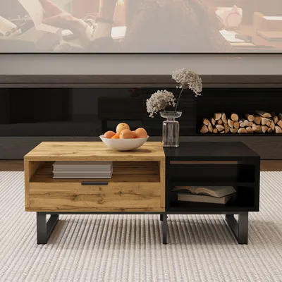 Produktbild von Merax Couchtisch mit Farbblockstruktur – Moderner Wohnzimmertisch aus Holz und Schwarz mit Fächern und Schubladen, Metallbeine