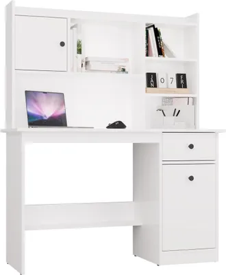 Produktbild von Schreibtisch CHESTER mit Aufsatz Schublade Tür und Regalen Weiß 120x45x145 cm