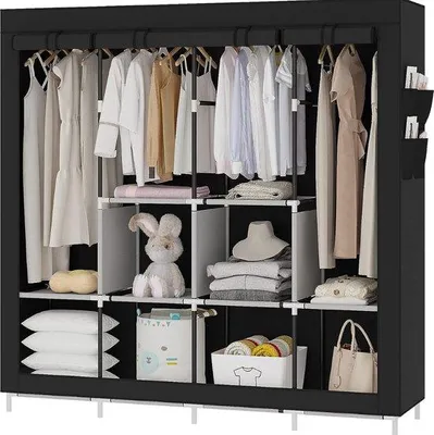 Produktbild von Draagbare Kleiderschrank - Gepackter Kleiderschrank mit 6 Ablageflächen, 4 Hangbereichen, 4 Seitenfächern, Schwarz