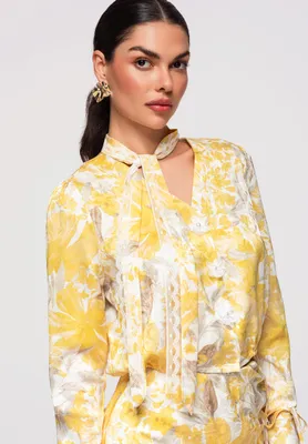 Produktbild von Ombre Damen Chiffon Bluse Blumenmuster Elegant gelb M