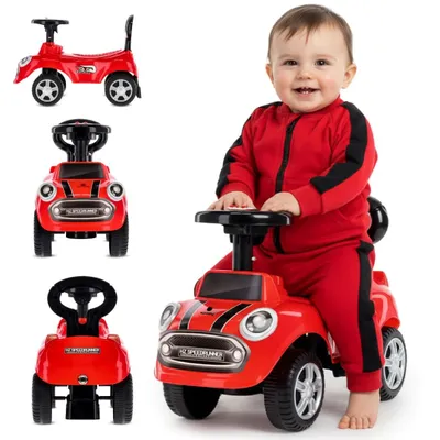 A baby sitting on a red ride-on car, with other views of the car shown in smaller images.