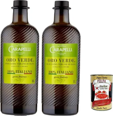 Produktbild von Carapelli Oro Verde Extra Natives Olivenöl, 100% Italienisch, 2 x 1 Liter Flaschen, + Italian Gourmet polpa 400g