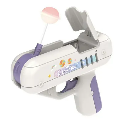 A toy lollipop gun with a lollipop inserted.