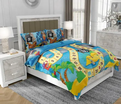 Produktbild von Bettwäsche 160x200 cm + 2x70x80 cm, 3-teilig, 100% Baumwolle, Satin, Reißverschluss, Piraten, Bunt - SOVIO | So.0258