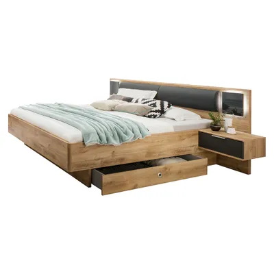 Produktbild von Doppelbett 180cm mit 2 Bettschubladen, Nachtschränken, Beleuchtung und Polsterkopfteil, graphit und Eiche, VIESTE-43