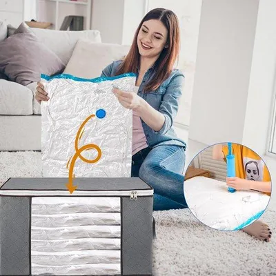 Produktbild von Famanu Vakuum Aufbewahrungstaschen Set - 2 Vakuumtaschen für Kleidung, 1 Handpumpe