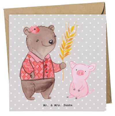 Produktbild von Mr. & Mrs. Panda doppelkarte Landwirtin Herz - Grau Pastell - Geschenk, Bauernhof, Glückwunschkarte, anlasskarte, faltkarte, Klappkarte, Tierwirtin, Tiere, Schweine