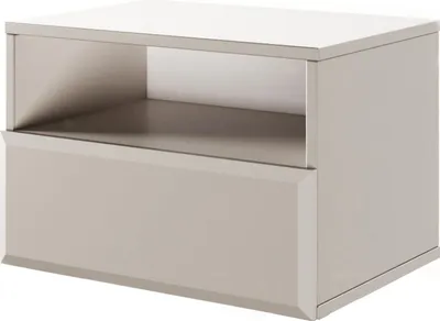 A beige nightstand with a drawer and an open shelf.