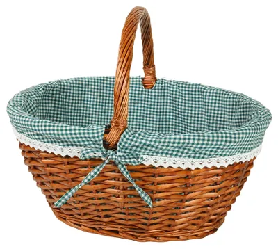 Produktbild von Kobolo Einkaufskorb geflochten Weide -mit Textil ausgeschlagen- grün weiß kariert - 47x33x39 cm - Autokorb Geschenkkorb Picknickkorb Korb Aufbewahrung