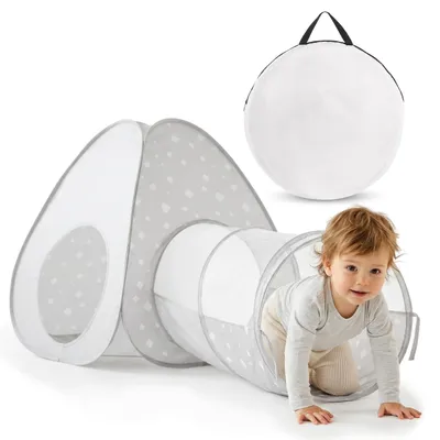 Produktbild von Kinder-Spielzelt mit Tunnel, Pop-up Zelt für Haus und Garten, grau-weiß, faltbar, dreieckig