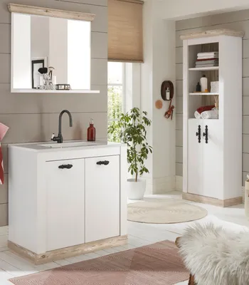 Produktbild von Badmöbel Set "Rovola" Pinie weiß / Oslo Pinie Landhaus 4-tlg. inkl. Waschbecken