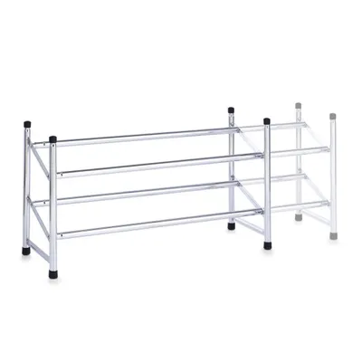 A chrome-plated metal shoe rack with three shelves.