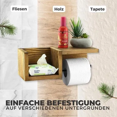 Immagine prodotto di Portascopino in legno autoadesivo con ripiano per bagno in stile vintage