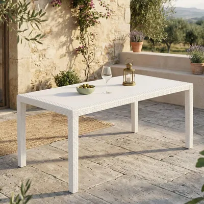 Produktbild von Gartentisch Imola, Feststehender rechteckiger Tisch, Mehrzweck-Gartentisch mit Rattan-Effekt, 100 % Italy, 138x78h72 cm, Weiß