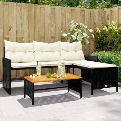 Produktbild von Gartensofa in L-Form mit Tisch und Kissen Schwarz Poly Rattan 365581