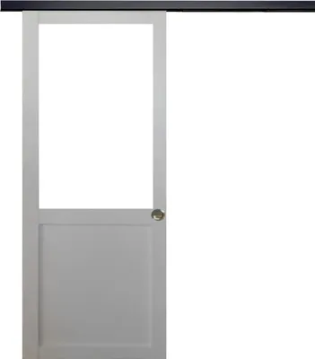 Image de Porte Coulissante Atelier blanc sans meneau H204 x L73 + Rail Alu bandeau noir et Coquilles