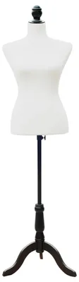 Produktbild von Nähpuppe Schaufensterpuppe, Schneiderpuppe höhenverstellbar, Schaumstoff samtig, Weiß  |  Kiefernholz-Dreibein  |  Brust 86 cm  |  130–168 cm